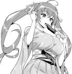  1girl ahoge azur_lane blush breasts chocolate_banana food greyscale holding holding_food honolulu_(azur_lane) hori_(hori_no_su) japanese_clothes kimono large_breasts long_hair monochrome open_mouth sexually_suggestive short_sleeves simple_background solo tongue tongue_out twintails white_background 