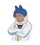  1boy alternate_costume buttons closed_mouth commentary_request crossed_arms dark-skinned_male dark_skin facial_hair frown grey_eyes hood hood_up labcoat laventon_(pokemon) male_focus pokemon pokemon_(game) pokemon_legends:_arceus simple_background solo tsuruba_(tsu41014812) upper_body white_background 