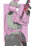  absurd_res anthro arm_tattoo assault_rifle belt bulletproof_vest butt clothing female gun hair hat headgear headwear hi_res lagomorph leporid long_ears ludexus mammal muscular muscular_anthro muscular_female obleacream pink_body pink_hair pink_nose rabbit ranged_weapon rifle shirt smile solo tank_top tattoo topwear weapon zafy_takada_(ludexus) 