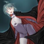  1girl aoi_karin bodysuit braid breasts cape dna^2 gloves halloween_costume looking_at_viewer open_mouth short_hair side_braid simple_background single_thighhigh skin_tight smile solo spandex thighhighs yozora 