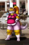  2022 absurd_res anthro belly bottomwear breasts canid canine clothing container cup digital_media_(artwork) drinking english_text female fox fur hair hi_res if_hell_had_a_taste mammal multicolored_body multicolored_fur obese obese_anthro obese_female overweight overweight_anthro overweight_female ponytail shirt shorts solo straw text text_on_clothing text_on_shirt text_on_topwear thick_thighs tiffany_brewwer topwear two_tone_body two_tone_fur viroveteruscy weight_gain 