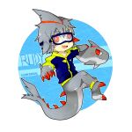  1:1 2015 animal_humanoid asnnonaka bottomless chibi clothed clothing dated dorsal_fin duo eyewear fangs feral fin fish fish_humanoid forked_tail full-length_portrait gills goggles grey_body humanoid male marine marine_humanoid mouth_closed open_mouth open_smile portrait red_eyes shark_humanoid signature simple_background smile tan_body tan_skin three-quarter_view unusual_anatomy unusual_tail white_body 
