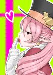  1girl absurdres black_headwear dolce_(rune_factory) earrings food from_side fruit gloves hand_up hat heart highres jewelry long_hair outline pink_eyes pink_hair pointy_ears puchiman rune_factory rune_factory_4 solo strawberry top_hat upper_body white_gloves white_outline 
