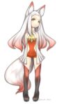  1girl absurdres animal_ears arms_behind_back bare_shoulders closed_mouth fox_ears fox_girl fox_tail frown full_body gradient gradient_hair gradient_legwear highres legs_apart long_hair multicolored_hair multicolored_tail no_nose original puchiman red_hair red_tail simple_background solo standing tail thighhighs turtleneck twitter_username two-tone_hair white_background white_hair white_tail yellow_eyes 