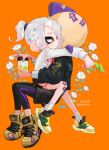  1boy 1girl bandaid black_pants closed_mouth commentary earrings flower hair_flower hair_ornament holding hug inkling inkling_boy jacket jewelry kumo_(kumo_hsc0216) long_sleeves mask octoling octoling_girl pants pants_under_shorts pill_earrings pointy_ears ponytail scar shoes shorts sneakers socks splatoon_(series) stitches symbol-only_commentary tentacle_hair white_eyes white_flower white_hair white_socks 