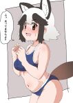 absurdres animal_ear_fluff animal_ears belly blush breasts brown_eyes brown_hair check_translation commentary cowboy_shot extra_ears highres kemono_friends kemono_friends_3 kumasyan1998 medium_breasts multicolored_hair navel open_mouth raccoon_ears raccoon_girl raccoon_tail short_hair sidelocks speech_bubble sports_bra sportswear stomach sweatdrop tail tanuki_(kemono_friends) translation_request underwear underwear_only wavy_mouth white_hair 