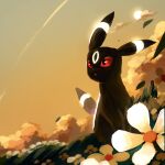  black_fur cloud commentary_request eevee field flower flower_field ghostpokemon94 gradient gradient_sky highres lily_(flower) no_humans orange_sky outdoors pokemon pokemon_(creature) red_eyes sky sun umbreon 