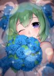  1girl ;) absurdres bangs bare_shoulders blue_flower blue_rose bouquet bridal_veil closed_mouth eyes_visible_through_hair flower green_hair hair_between_eyes hands_up highres holding holding_bouquet kohaku_(rune_factory) leaf light_particles looking_at_viewer one_eye_closed puchiman purple_eyes purple_pupils rose rune_factory rune_factory_4 see-through short_hair smile solo sparkle veil 