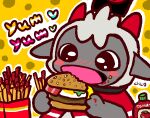  &lt;3 2022 absurd_res ambiguous_gender anthro bacon blush blush_lines blush_stickers bottle bovid burger burger_bun caprine chico cult_of_the_lamb eating english_text food food_on_face fried_egg fries fur grey_body hi_res holding_food holding_object horn ichigokenpi kemono ketchup lamb_(cult_of_the_lamb) lettuce mammal meat open_mouth plant red_crown_(cult_of_the_lamb) sesame_seeds sheep signature solo text tongue vegetable white_body white_fur white_wool wool_(fur) 