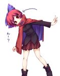  1girl :o black_shirt blue_bow blue_cloak boots bow cloak head_tilt highres isu_(is88) long_sleeves open_mouth red_cloak red_eyes red_hair red_skirt sekibanki shirt short_hair simple_background skirt solo touhou white_background 