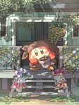  bandana bandana_waddle_dee blush blush_stickers branch brown_eyes day door flower flower_pot grey_bandana grey_pants hanging_plant holding_flower_pot house kirby_(series) lattice light_rays mutekyan no_humans outdoors pants path pink_flower plant purple_flower red_flower shadow shovel stairs sunlight tree vines window yellow_flower 