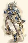  1girl armor armored_boots armored_dress blue_armor boots helmet lenneth_valkyrie long_hair low-braided_long_hair shoulder_armor sword valkyrie valkyrie_profile weapon white_hair winged_helmet yuuki_keisuke 