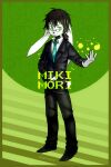  2015 2:3 abstract_background anthro asnnonaka black_bottomwear black_clothing black_hair black_nose black_pants black_topwear blue_necktie bottomwear closed_smile clothed clothing floppy_ears front_view full-length_portrait fur green_eyes hair hand_on_hip lagomorph leporid long_ears looking_aside male mammal necktie pants portrait rabbit short_hair signature solo standing topwear white_body white_clothing white_fur white_topwear 
