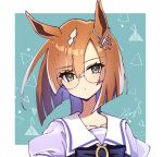  1girl animal_ears border brown_eyes brown_hair dot_mouth ear_ornament glasses highres horse_ears horse_girl ikuno_dictus_(umamusume) looking_at_viewer multicolored_hair round_eyewear school_uniform sea_scorpion_(umisasori) short_hair signature solo streaked_hair tracen_school_uniform umamusume upper_body white_border 