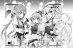  ... 3girls :d ahoge arm_up ascot azur_lane azur_lane:_slow_ahead bangs bare_shoulders beret blush bottle braid breasts closed_mouth comet_(azur_lane) crescent_(azur_lane) cross detached_sleeves frilled_skirt frills gloves greyscale groin hair_between_eyes hair_ornament hand_on_hip hand_up hands_up hat highres holding holding_bottle hori_(hori_no_su) long_hair long_sleeves low_twintails medium_breasts midriff monochrome multiple_girls navel open_mouth plaid plaid_headwear plaid_skirt pleated_skirt retrofit_(azur_lane) shared_speech_bubble shirt skirt sleeveless sleeveless_shirt small_breasts smile sparkle speech_bubble spoken_ellipsis star_(symbol) star_hair_ornament sweat thighhighs tilted_headwear twintails very_long_hair z23_(azur_lane) z23_(serious_idol_@acting_manager?!)_(azur_lane) 