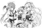  ... 3girls :d ahoge arm_up ascot azur_lane azur_lane:_slow_ahead bangs bare_shoulders beret blush bottle braid breasts closed_mouth comet_(azur_lane) crescent_(azur_lane) cross detached_sleeves frilled_skirt frills gloves greyscale groin hair_between_eyes hair_ornament hand_on_hip hand_up hands_up hat highres holding holding_bottle hori_(hori_no_su) long_hair long_sleeves low_twintails medium_breasts midriff monochrome multiple_girls navel open_mouth plaid plaid_headwear plaid_skirt pleated_skirt retrofit_(azur_lane) shared_speech_bubble shirt skirt sleeveless sleeveless_shirt small_breasts smile sparkle speech_bubble spoken_ellipsis star_(symbol) star_hair_ornament sweat thighhighs tilted_headwear twintails very_long_hair z23_(azur_lane) z23_(serious_idol_@acting_manager?!)_(azur_lane) 