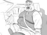  2022 anthro belly big_belly bulge car clothed clothing erection erection_under_clothing hat headgear headwear hi_res humanoid_hands inside_car kemono male mammal overweight overweight_male sitting solo underwear ursid vehicle yamakake 