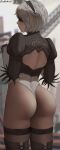  1girl absurdres artist_name ass back_cutout bangs blindfold blurry blurry_background blush boots closed_mouth clothing_cutout commentary day feather_trim from_behind hairband hand_up highleg highleg_leotard highres leotard long_sleeves mole mole_under_mouth nier_(series) nier_automata oroborus outdoors puffy_sleeves signature simple_background solo thigh_boots thighhighs turtleneck white_hair yorha_no._2_type_b 