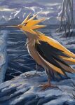 animal_focus bird black_eyes closed_mouth cloud cloudy_sky commentary from_side highres mo~zu no_humans outdoors pokemon pokemon_(creature) sky solo standing symbol-only_commentary zapdos 