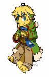  anthro asnnonaka barefoot black_nose blonde_hair blue_eyes bottomwear brown_bottomwear brown_clothing brown_gloves brown_handwear brown_pants brown_topwear canid closed_smile clothed clothing coat feet floppy_ears full-length_portrait fur gloves green_clothing green_coat green_topwear hair handwear looking_aside male mammal mouth_closed pants portrait signature simple_background solo three-quarter_view topwear white_background yellow_body yellow_fur 