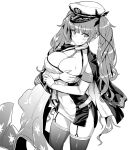 1girl azur_lane bangs blunt_bangs blush breasts cleavage closed_mouth collarbone elbow_gloves garter_straps gloves greyscale hat highres honolulu_(azur_lane) hori_(hori_no_su) large_breasts long_hair looking_at_viewer monochrome simple_background solo sweat thighhighs twintails white_background 