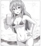  1girl absurdres ashigara_(kancolle) beer_mug bikini breasts covered_nipples cowboy_shot cup h2_(h20000000) hair_between_eyes hairband hand_on_hip highres horizon kantai_collection long_hair medium_breasts micro_bikini mug navel ocean open_mouth smile solo sun swimsuit 