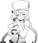  1girl avrora_(azur_lane) azur_lane blush bottle bow braid closed_eyes collarbone facing_viewer greyscale hair_bow hat holding holding_bottle hori_(hori_no_su) monochrome parted_lips simple_background smile solo twin_braids upper_body white_background 