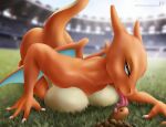  blue_eyes breasts charizard diglett duo female generation_1_pokemon licking looking_at_another lying nintendo orange_body pokemon pokemon_(species) sharkdark tongue tongue_out video_games yellow_body 