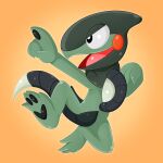  1:1 2022 4_fingers 4_toes ambiguous_gender anthro black_tail cyclizar feet fingers full-length_portrait generation_9_pokemon green_body hi_res jordanfrechet nintendo open_mouth orange_background pokemon pokemon_(species) portrait simple_background solo tire toes video_games 