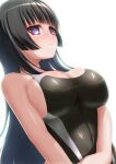  1girl arm_at_side bang_dream! bangs bare_arms bare_shoulders black_hair black_one-piece_swimsuit blunt_bangs breasts cleavage closed_mouth commentary_request competition_swimsuit covered_navel dutch_angle hand_on_own_arm highres hiraken large_breasts long_hair looking_at_viewer one-piece_swimsuit purple_eyes shirokane_rinko sideboob sidelocks sideways_glance simple_background solo standing sweat swimsuit two-tone_swimsuit upper_body very_long_hair white_background white_one-piece_swimsuit 