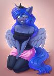  &lt;3 &lt;3_eyes 2022 absurd_res anthro blue_eyes blue_hair blush breasts cleavage clothed clothing dandy_(artist) equid equine eyelashes eyeshadow feathered_wings feathers female friendship_is_magic hair hasbro hi_res horn inner_ear_fluff long_hair looking_at_viewer makeup mammal my_little_pony off_shoulder one_eye_closed princess_luna_(mlp) simple_background smile solo tuft winged_unicorn wings wink winking_at_viewer 
