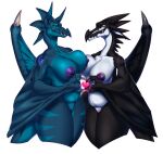  2022 anthro black_body blue_body breasts claws countershading dragon duo female genitals glaive_wyvern hi_res membrane_(anatomy) membranous_wings nipples nude pose pussy scalie slightly_chubby standing ukhansson white_body wings wyvern zera_stormfire 