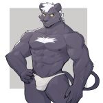  2022 abs anthro biceps big_muscles border bulge claws clothing felid fur grey_background hair hand_on_hip hi_res jrjresq male mammal muscular muscular_anthro muscular_male navel nipples obliques pantherine pecs scar simple_background solo standing thick_thighs thong tuft underwear white_border 