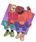  absurd_res anthro apple_inc. bird_dog boots bottomwear canid canine canis cellphone clothing dalmatian domestic_dog duo footwear hi_res hoodie hunting_dog iphone labrador looking_at_another male mammal marshall_(paw_patrol) milkymatsu80s nickelodeon pants paw_patrol phone retriever selfie simple_background smartphone smile tongue tongue_out topwear zuma_(paw_patrol) 