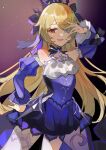  1girl absurdres blonde_hair dress eyepatch fischl_(ein_immernachtstraum)_(genshin_impact) fischl_(genshin_impact) genshin_impact half_updo highres long_hair long_sleeves looking_at_viewer off-shoulder_dress off_shoulder open_mouth purple_dress red_eyes short_twintails smile solo twintails yui_4293 