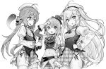  ... 3girls :d ahoge arm_up ascot azur_lane azur_lane:_slow_ahead bangs bare_shoulders beret blush bottle braid breasts closed_mouth comet_(azur_lane) crescent_(azur_lane) cross detached_sleeves frilled_skirt frills gloves greyscale groin hair_between_eyes hair_ornament hand_on_hip hand_up hands_up hat highres holding holding_bottle hori_(hori_no_su) long_hair long_sleeves low_twintails medium_breasts midriff monochrome multiple_girls navel open_mouth plaid plaid_headwear plaid_skirt pleated_skirt retrofit_(azur_lane) shared_speech_bubble shirt skirt sleeveless sleeveless_shirt small_breasts smile sparkle speech_bubble spoken_ellipsis star_(symbol) star_hair_ornament sweat thighhighs tilted_headwear twintails very_long_hair z23_(azur_lane) z23_(serious_idol_@acting_manager?!)_(azur_lane) 