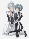  2boys absurdres alternate_costume blue_eyes blue_hair brown_eyes chongyun_(genshin_impact) crossdressing enmaided full_body genshin_impact highres holding_hands light_blue_hair looking_at_viewer looking_back maid maid_headdress male_focus multiple_boys short_hair white_background xingqiu_(genshin_impact) yaoi yui_4293 