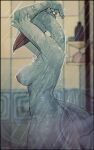  anthro avian beak bird blue_crane breasts cellina crane_(bird) feathers female gruiform grus_(genus) hands_behind_head hi_res inside nipples nitani nude scuted_arms shower showering side_view solo standing tail_feathers wet 