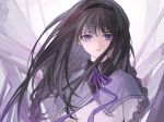  1girl akemi_homura bangs black_hair black_hairband braid capelet collared_capelet floating_hair frown gradient_hair hairband highres long_hair looking_at_viewer mahou_shoujo_madoka_magica multicolored_hair neck_ribbon parted_lips portrait purple_capelet purple_eyes purple_hair ribbon solo somnio000 straight-on twin_braids two-tone_hair white_background 