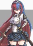  1girl alear_(fire_emblem) alear_(fire_emblem)_(female) bangs blue_eyes blue_hair blush bow braid chascoby crossed_bangs crown_braid fire_emblem fire_emblem_heroes heterochromia highres long_hair multicolored_hair patreon_username red_eyes red_hair skindentation smile solo split-color_hair sword thigh_strap thighhighs thighs two-tone_hair very_long_hair watermark weapon white_bow zettai_ryouiki 