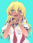  1girl :d aqua_background aqua_eyes blonde_hair blue_sailor_collar copyright_request dark-skinned_female dark_skin hair_between_eyes ixy long_hair looking_at_viewer open_mouth sailor_collar short_sleeves simple_background smile solo teeth upper_teeth 