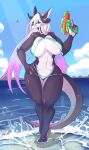  absurd_res anthro big_breasts bikini breasts clothed clothing dragon female hair hi_res multicolored_hair skulkers solo swimwear thick_thighs water 
