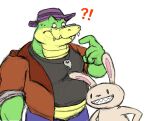  2021 alligator alligatorid anthro bodily_fluids bottomwear brok_(character) brok_the_investigator clothing crocodilian dot_eyes duo exclamation_point green_body greenbird399 humanoid_hands lagomorph leporid male mammal max_(sam_and_max) pants question_mark rabbit reptile sam_and_max scalie shirt simple_background slightly_chubby sweat topwear video_games white_body 