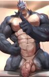  2021 abs anthro balls biceps blush bodily_fluids dragon flaccid genitals gesture gun_tiger hand_on_hip hi_res humanoid_genitalia inside looking_at_viewer male muscular navel nude one_eye_closed open_mouth pecs penis pointing portrait presenting scalie smile smiling_at_viewer solo sweat teeth three-quarter_portrait wet wingless_dragon wink winking_at_viewer 