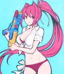  1girl blue_background breasts front-tie_top groin hair_ribbon holding holding_water_gun large_breasts navel pink_eyes pink_hair ponytail ribbon shirt simple_background solo swimsuit tb_(spr1110) twitter_username under_night_in-birth water_gun white_shirt yuzuriha_(under_night_in-birth) 