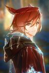  1boy animal_ears black_hood blurry blurry_background cat_boy cat_ears crystal_exarch facial_mark final_fantasy final_fantasy_xiv g&#039;raha_tia gingx02 hair_between_eyes hood hood_down jacket light_smile looking_at_viewer male_focus miqo&#039;te red_eyes red_hair red_jacket short_hair solo upper_body 