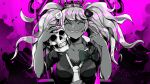  1girl bangs bear bow bra breasts cleavage collarbone crown danganronpa:_trigger_happy_havoc danganronpa_(series) enoshima_junko facing_viewer grin hands_up hat highres large_breasts long_hair milyoasis nail_polish necktie pink_background pink_nails shiny shiny_hair shirt short_sleeves skull smile solo teeth top_hat twintails underwear upper_body 