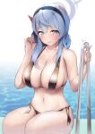  1girl :p absurdres ako_(blue_archive) alternate_costume areola_slip bangs bikini black_bikini blue_archive blue_eyes blue_hair blush breasts cleavage collarbone dermar hair_between_eyes hairband halo highres large_breasts long_hair looking_at_viewer micro_bikini navel pool pool_ladder poolside side-tie_bikini_bottom sitting smile solo swimsuit thighs tongue tongue_out water wet 