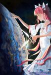  1girl absurdres bangs bow choker collarbone cowboy_shot cutting dress earth_(planet) from_side giant giantess hair_bow highres holding holding_scissors kaname_madoka long_hair looking_ahead mahou_shoujo_madoka_magica pink_hair planet profile scissors serious sfwiwiwts solar_flare solo space spark two_side_up ultimate_madoka white_choker white_dress wide_sleeves yellow_eyes 