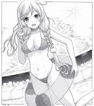  1girl bikini breasts cleavage h2_(h20000000) holding holding_innertube innertube kantai_collection large_breasts long_hair micro_bikini minegumo_(kancolle) navel ocean open_mouth outdoors smile solo sun swimsuit traditional_media 